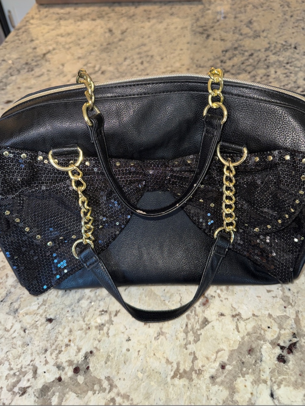 Betsey Johnson Black Sequin Bow-Accent Shoulder Bag with Gold Chain Straps